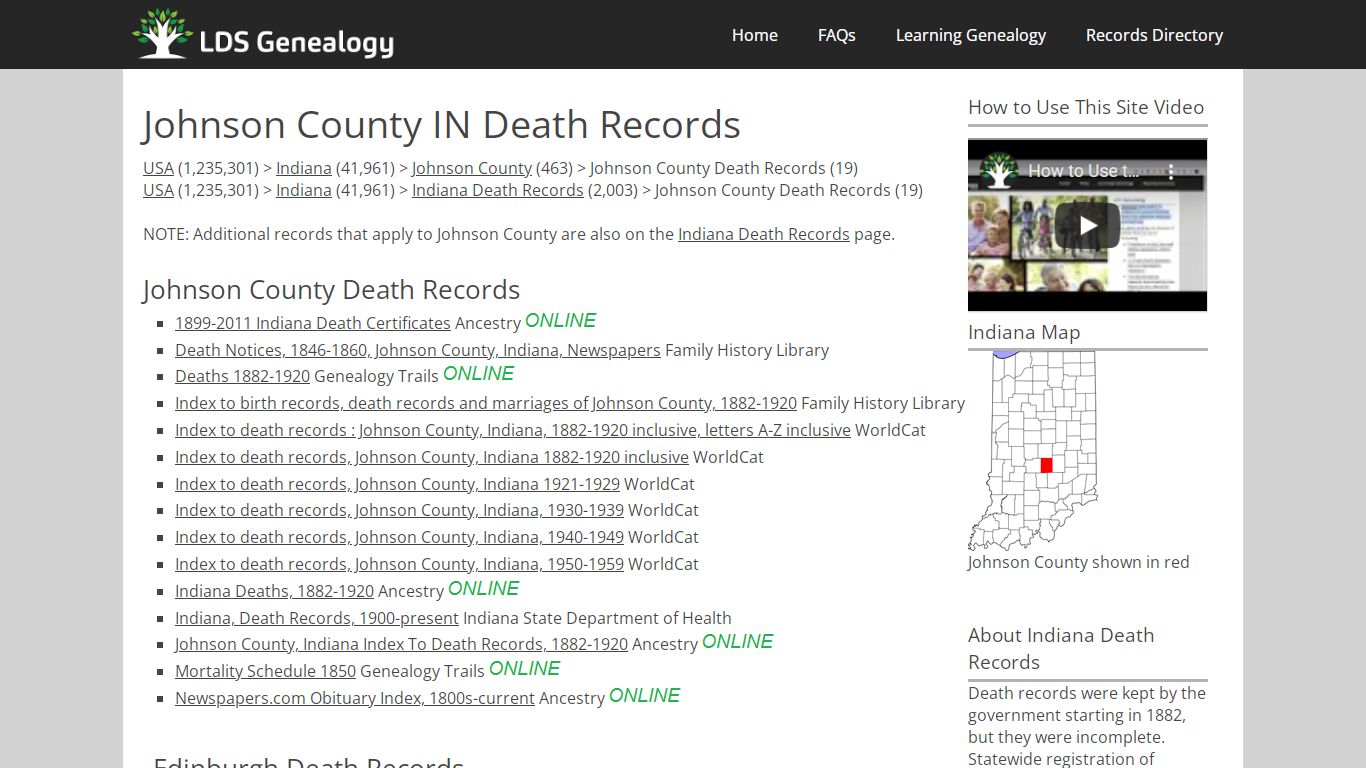 Johnson County IN Death Records - LDS Genealogy